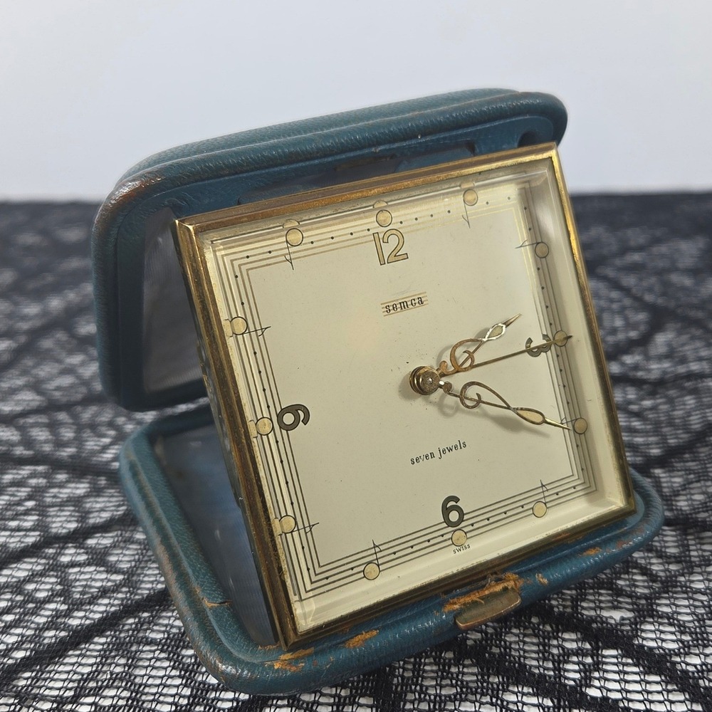 Vintage Semca 7 Jewels Swiss Travel Alarm Clock Teal Blue Folding Case Case Wear